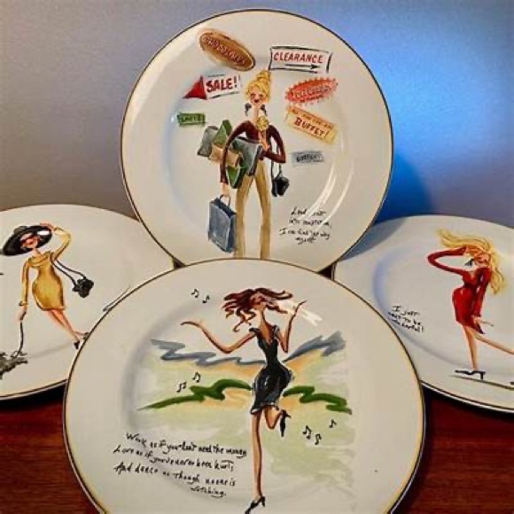 🆕 Sakura Chic 4pc Glamour Fashion Illustration Ceramic Porcelain Plates Set - Picture 3 of 8